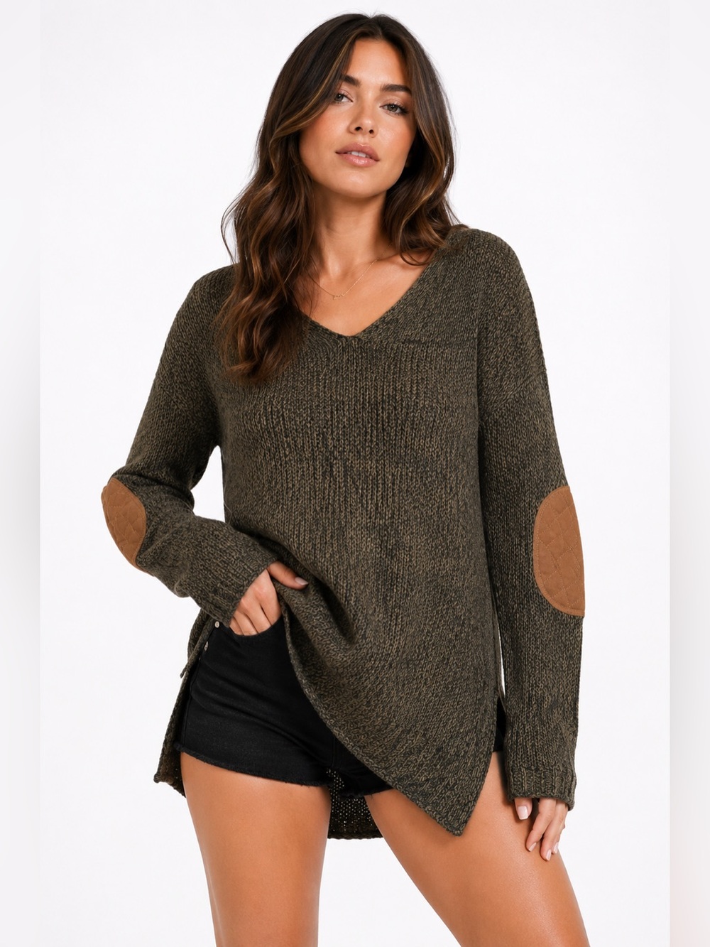 Y2K Vintage Harper Heritage Knit Sweater w/ Leather Elbow Patches (Olive) S